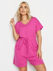 Yours Curve Hot Pink Limited Collection 100% Cotton Drawstring Playsuit - Image 1 of 5