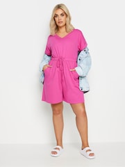 Yours Curve Hot Pink Limited Collection 100% Cotton Drawstring Playsuit - Image 2 of 5