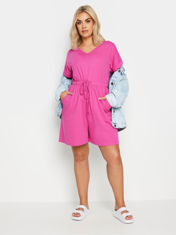 Yours Curve Hot Pink Limited Collection 100% Cotton Drawstring Playsuit - Image 2 of 5