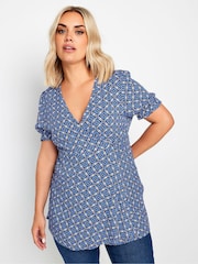 Blue - Yours Curve Wrap Frill Sleeve Blouse - Image 1 of 5