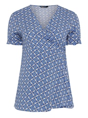 Blue - Yours Curve Wrap Frill Sleeve Blouse - Image 5 of 5