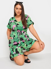 Yours Curve Black Limited 100% Cotton T-Shirt Drawcord Playsuit - Image 1 of 5