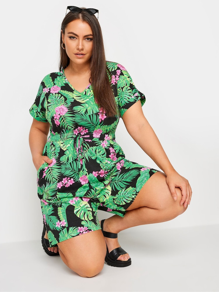 Yours Curve Black Limited 100% Cotton T-Shirt Drawcord Playsuit - Image 1 of 5