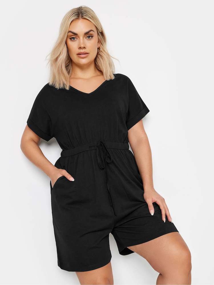 Yours Curve Black Limited Collection 100% Cotton Drawstring Playsuit - Image 1 of 5