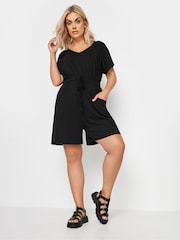 Yours Curve Black Limited Collection 100% Cotton Drawstring Playsuit - Image 2 of 5