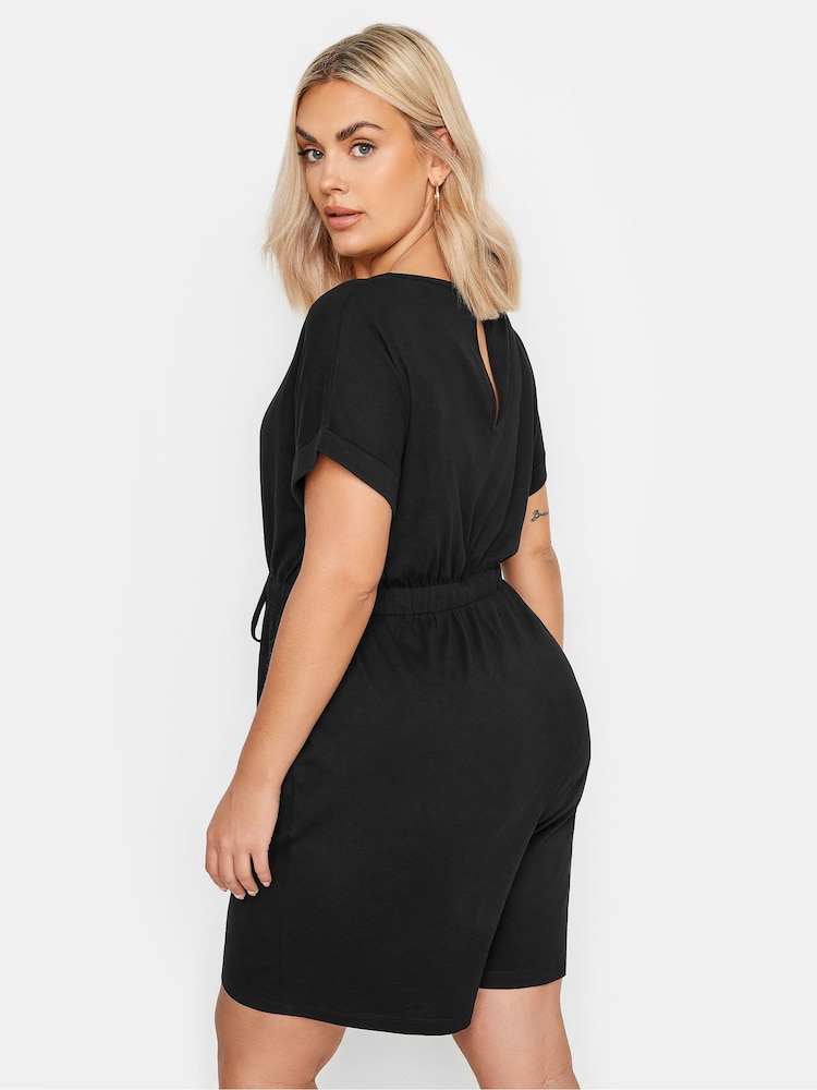 Yours Curve Black Limited Collection 100% Cotton Drawstring Playsuit - Image 3 of 5