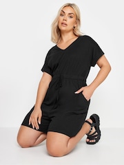 Yours Curve Black Limited Collection 100% Cotton Drawstring Playsuit - Image 4 of 5