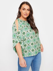 Yours Curve Green Abstract Cold Shoulder Blouse - Image 1 of 5