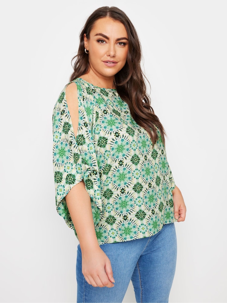 Yours Curve Green Abstract Cold Shoulder Blouse - Image 1 of 5