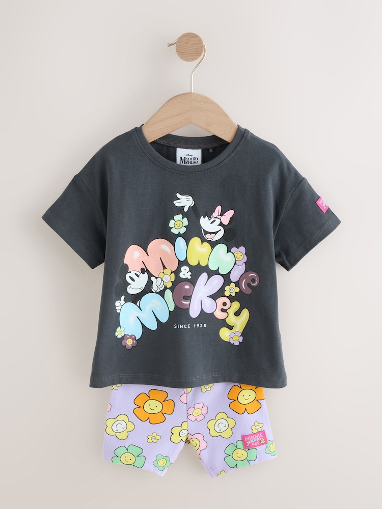 Charcoal & Lilac Mickey & Minnie Mouse Short Sleeve 100% Cotton T-Shirt and Cycle Shorts Set (3mths-7yrs) - Image 5 of 11