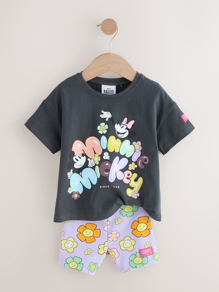 Charcoal & Lilac Mickey & Minnie Mouse Short Sleeve 100% Cotton T-Shirt and Cycle Shorts Set (3mths-7yrs) - Image 6 of 11