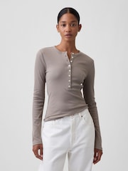 Gap Brown Ribbed Henley Long Sleeve T-Shirt - Image 1 of 5