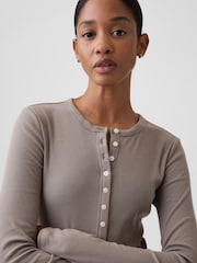 Gap Brown Ribbed Henley Long Sleeve T-Shirt - Image 3 of 5