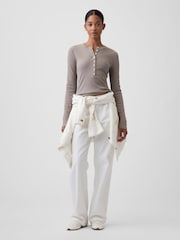 Gap Brown Ribbed Henley Long Sleeve T-Shirt - Image 4 of 5