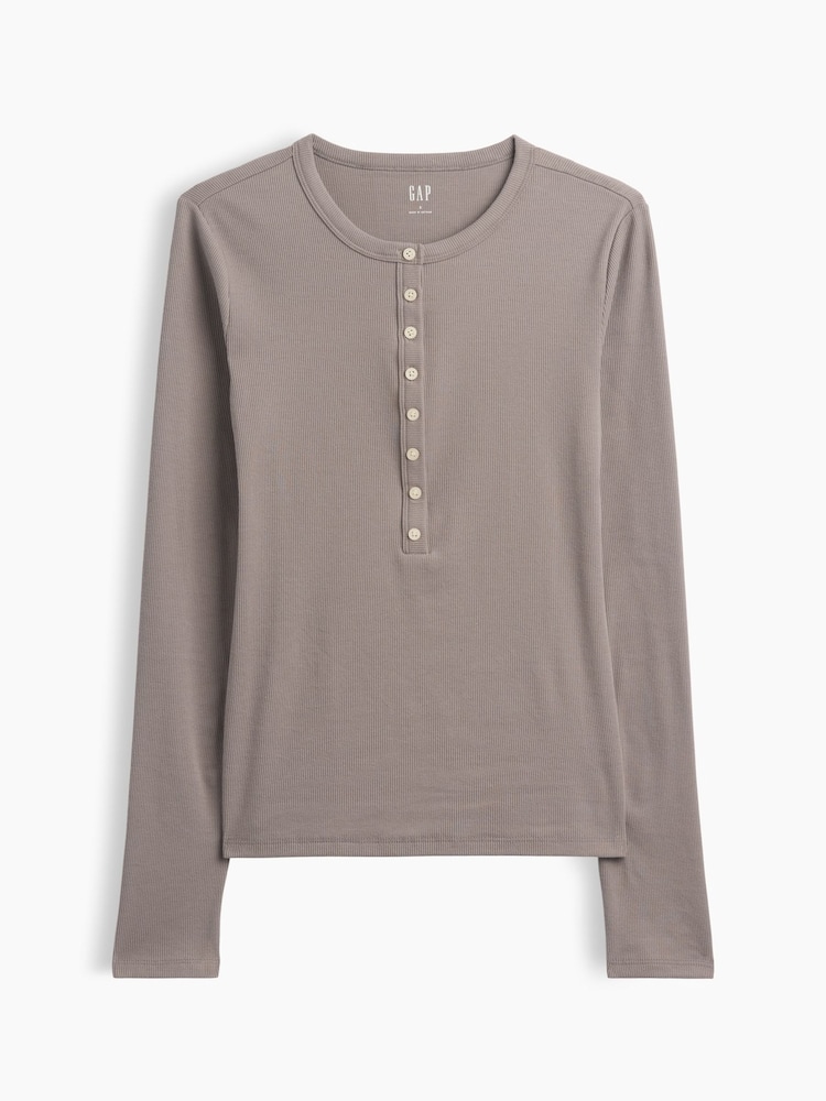 Gap Brown Ribbed Henley Long Sleeve T-Shirt - Image 5 of 5