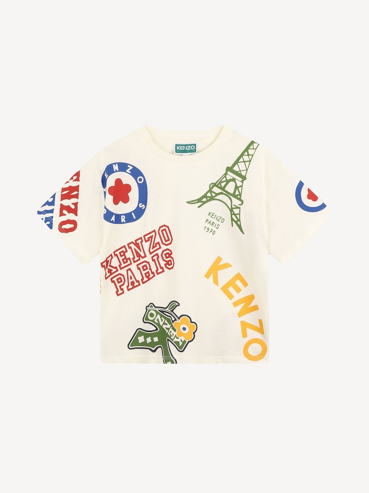KENZO KIDS Cream Paris All-Over Print Logo Short Sleeve T-Shirt - Image 1 of 8