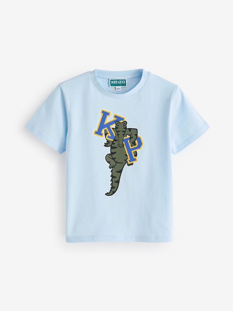 KENZO KIDS Blue Crocodile Print Varsity Logo Short Sleeve T-Shirt - Image 1 of 4 KENZO KIDS Blue Crocodile Print Varsity Logo Short Sleeve T-Shirt - Image 1 of 4