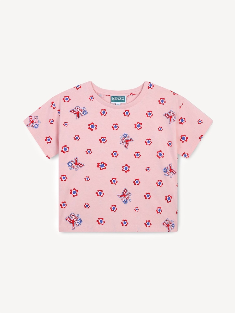 KENZO KIDS Pink All-Over Print Floral Logo Short Sleeve T-Shirt - Image 1 of 2