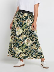 Yours Curve Green Geometric Floral Pleated Skirt - Image 1 of 6