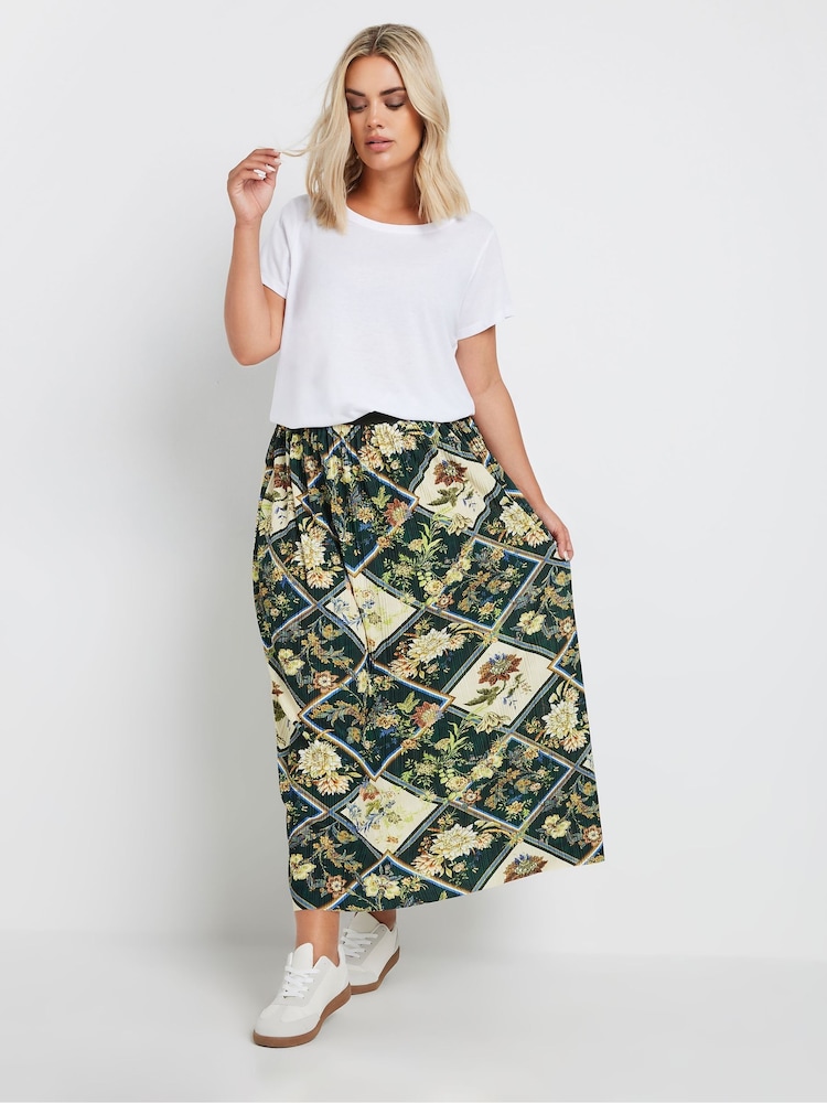 Yours Curve Green Geometric Floral Pleated Skirt - Image 2 of 6