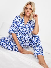 Yours Curve Blue Ikat Collar Revere 100% Cotton Pyjamas Set - Image 1 of 5