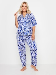 Yours Curve Blue Ikat Collar Revere 100% Cotton Pyjamas Set - Image 2 of 5