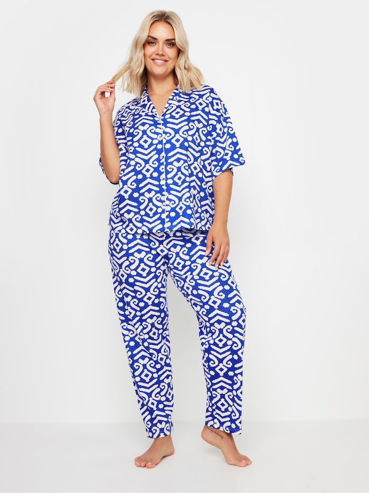 Yours Curve Blue Ikat Collar Revere 100% Cotton Pyjamas Set - Image 2 of 5