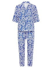 Yours Curve Blue Ikat Collar Revere 100% Cotton Pyjamas Set - Image 5 of 5