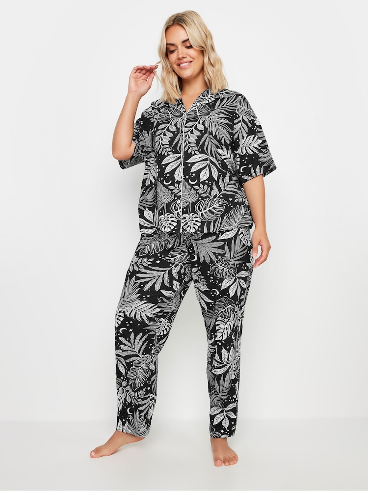 Yours Curve Black Midnight Palm Collar Revere 100% Cotton Pyjamas Set - Image 2 of 5