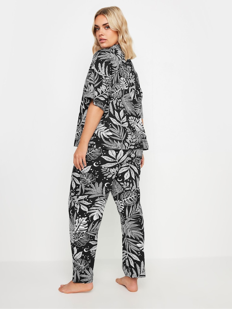 Yours Curve Black Midnight Palm Collar Revere 100% Cotton Pyjamas Set - Image 3 of 5