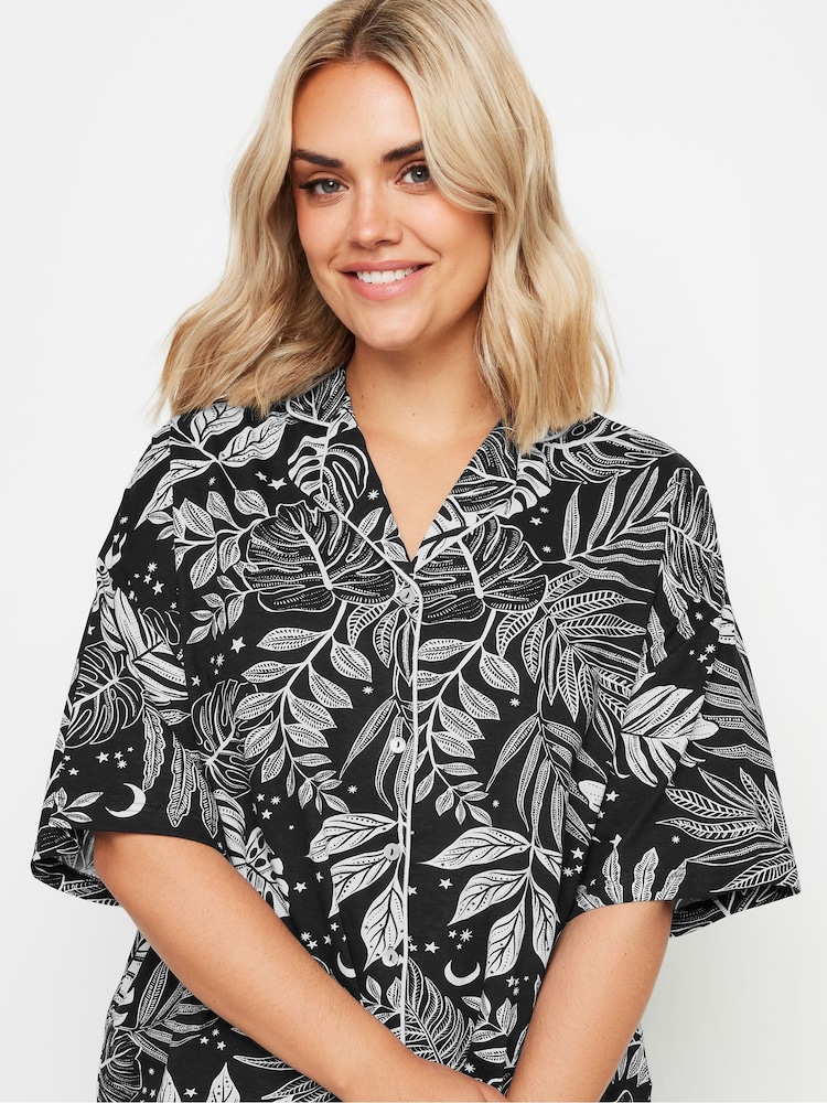 Yours Curve Black Midnight Palm Collar Revere 100% Cotton Pyjamas Set - Image 4 of 5