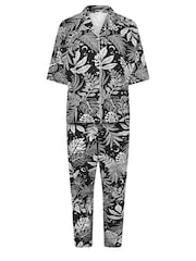 Yours Curve Black Midnight Palm Collar Revere 100% Cotton Pyjamas Set - Image 5 of 5