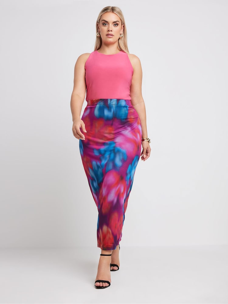 Yours Curve Pink Limited Collection Abstract Print Mesh Skirt - Image 2 of 5