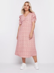 Yours Curve Pink Limited Collection Check Textured Milkmaid Dress - Image 1 of 5