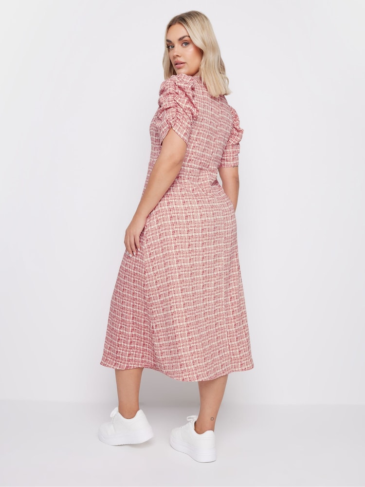 Yours Curve Pink Limited Collection Check Textured Milkmaid Dress - Image 2 of 5