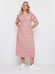 Yours Curve Pink Limited Collection Check Textured Milkmaid Dress - Image 3 of 5
