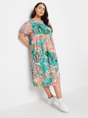 Yours Curve Blue Leaf Crinkle Smock Dress - Image 1 of 5