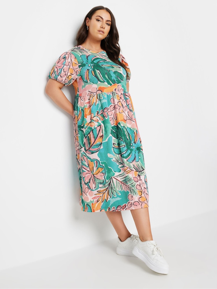 Yours Curve Blue Leaf Crinkle Smock Dress - Image 1 of 5