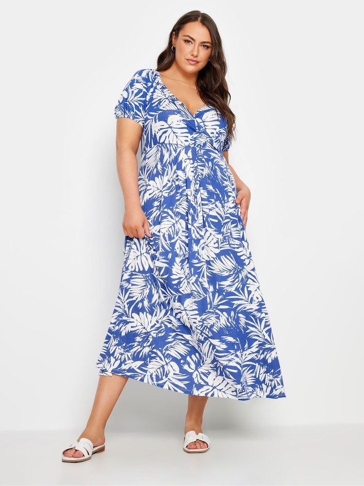 Yours Curve Blue Leaf Wrap Dress - Image 1 of 5