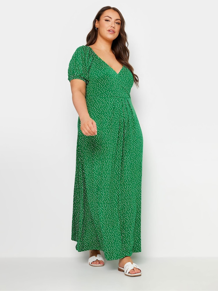 Yours Curve Green Polka Dot Wrap Dress - Image 1 of 5