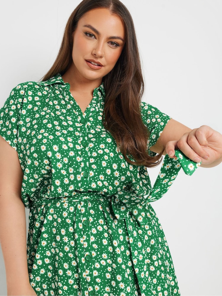 Yours Curve Green Ditsy Floral Print Structured Dress - Image 4 of 4