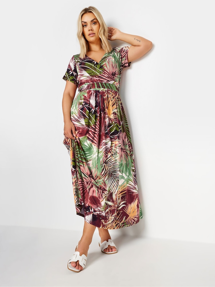 Yours Curve Red Leaf Print Wrap Maxi Dress - Image 1 of 5