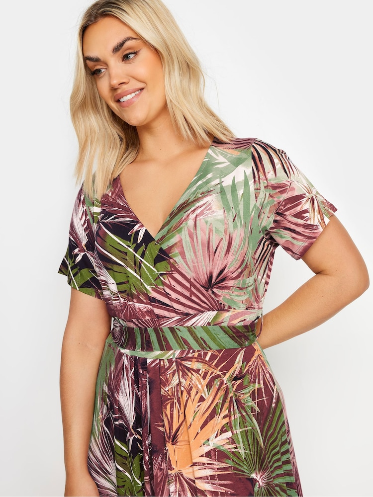 Yours Curve Red Leaf Print Wrap Maxi Dress - Image 4 of 5