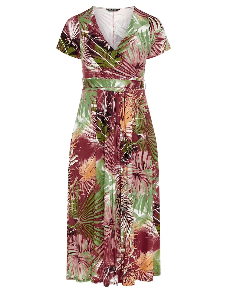 Yours Curve Red Leaf Print Wrap Maxi Dress - Image 5 of 5