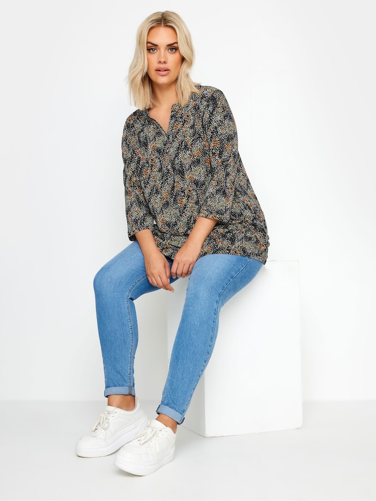 Yours Curve Black Abstract Long Sleeve Shirt - Image 2 of 5 Yours Curve Black Abstract Long Sleeve Shirt - Image 2 of 5