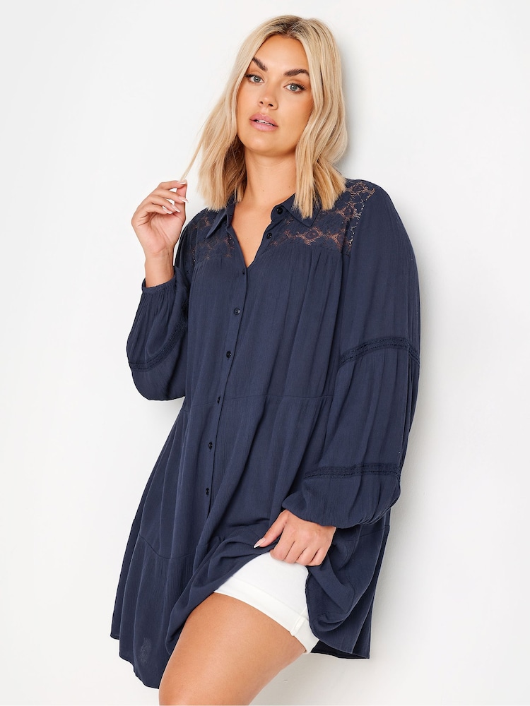 Yours Curve Blue Boho Long Sleeve Tiered Shirt - Image 1 of 4