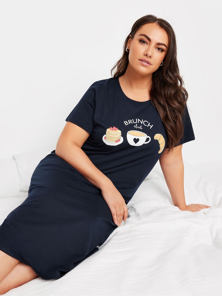 Yours Curve Blue Brunch Club 100% Cotton Midaxi Nightdress - Image 1 of 5