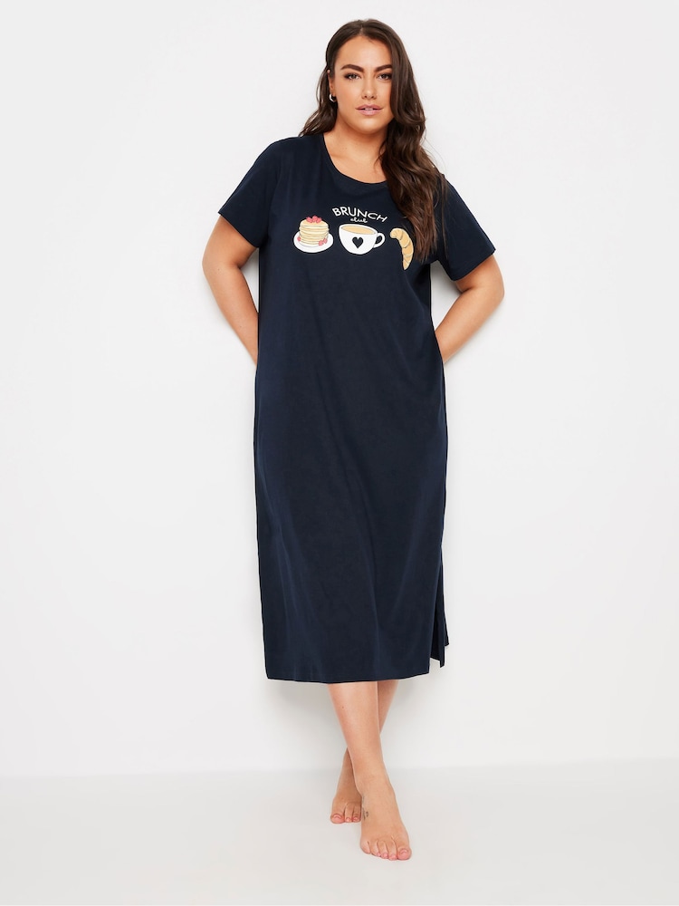 Yours Curve Blue Brunch Club 100% Cotton Midaxi Nightdress - Image 2 of 5