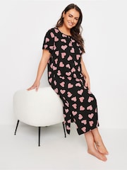 Yours Curve Black Animal Print Heart Placket 100% Cotton Midaxi Nightdress - Image 1 of 5