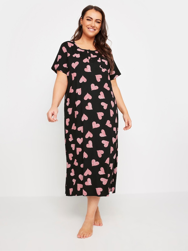 Yours Curve Black Animal Print Heart Placket 100% Cotton Midaxi Nightdress - Image 2 of 5